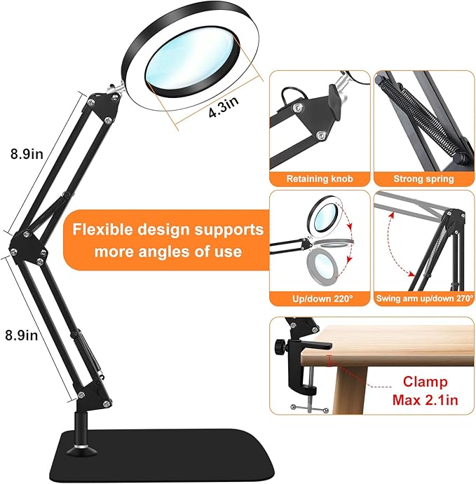 10X Magnifying Glass with Light and Stand, Dimmer Adjustable Swing Arm 2-in-1 Desk Lamp and Clamp, LED Lighted Desk Magnifier with Light for Craft Reading Repair Painting Close Work