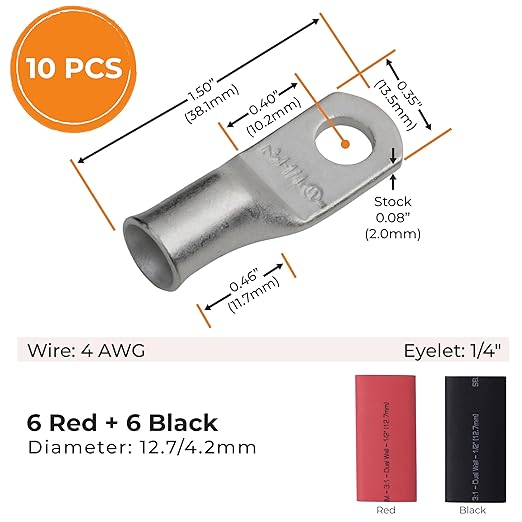 SELTERM 10pcs - 4 Awg - 1/4" Stud - Battery Lugs - Ring Terminal Connectors | with 12pcs 3:1 Black & Red Heat Shrink Tubing with Adhesive | Heavy Duty Battery Cable Ends - Tinned Copper Wire Lugs Kit