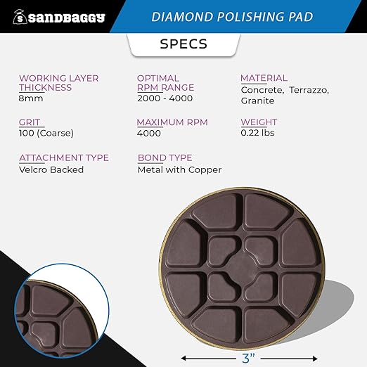 Sandbaggy 3" Metal Bond Diamond Polishing Pad - 100 Grit (8mm Thick) (600, 3-inch)