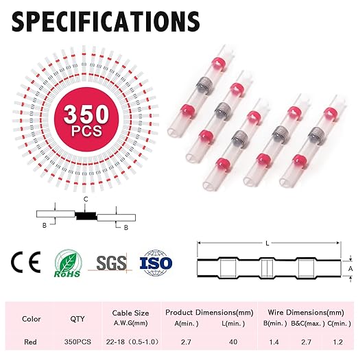 Kuject 350PCS Solder Seal Wire Connectors AWG 22-18, Red Solder Seal Heat Shrink Butt Connectors Terminals Sleeve Waterproof Wire Splice Connector for Marine Automotive Boat Wire Joint