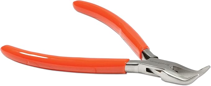 The Beadsmith Slim Line Bent Chain Nose Pliers, 4.75 inches (120mm) with polished steel head, red PVC comfort grip handle with double-leaf spring, tool for jewelry making