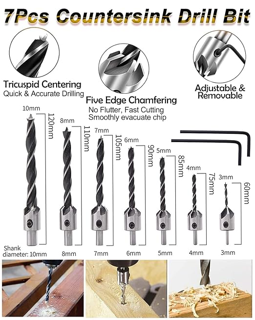 Rocaris 32 Pack Woodworking Chamfer Drilling Tools, Including Countersink Drill Bits, L-Wrench, Wood Plug Cutter, Step Bit, Center Punch, Cutting Twist Bits