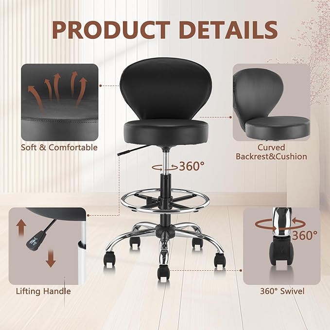 Black PVC Faux Leather Drafting Chair Set of 2 Rolling Swivel Salon Stool with Back Support Foot Rest Adjustable Hydraulic Seat Height for Massage Facial Spa Medical Drafting Tattoo Beauty