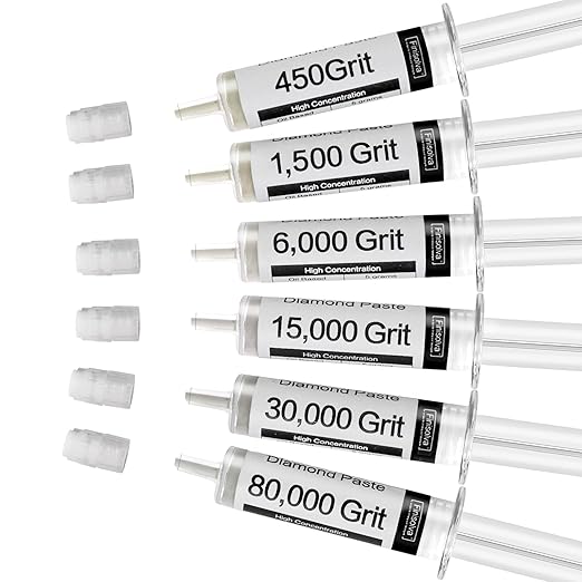 Diamond Polishing Compound Kit of 6 Polishing Lapping Paste 80,000 to 450 Grit for Glass Watch Marble Metal Resin Rock Jewelry Etc. with High Concentration of Diamond Powder Scratch Remover Repair
