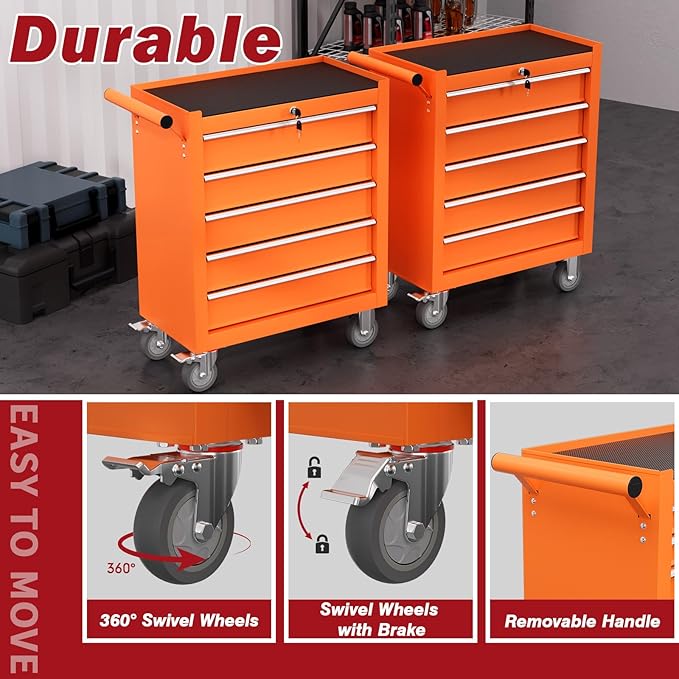 Rolling Tool Chest with Drawers, 5 Drawers Tool Chests & Cabinets, Metal Toolbox with Wheels, Lockable Storage Cabinet, Garage Tool Box with Drawers (Orange, 5 Drawers)