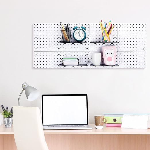 Nuanchu 8 Set Pegboard Wall Mount Display Organizer Kit - Plastic Pegboard Panels for Garage Kitchen Living Room Office No Drilling to Wall, No Drilling Required, 10 x 10 Inch(White)