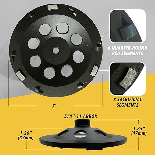 7" PCD Grinding Wheel for Epoxy, Glue and Paint, 6 PCD Segments w/Sacrificial Bars, 5/8"-11 Threaded Arbor