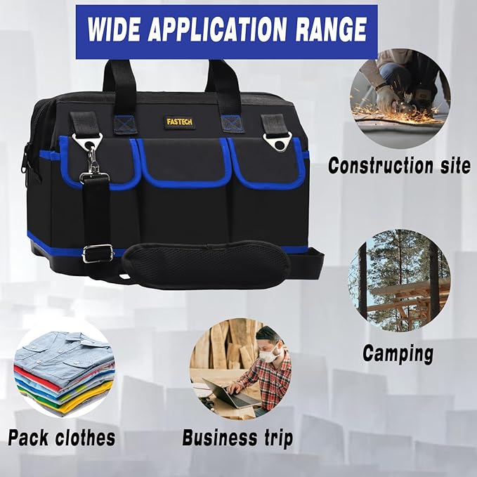 22 Inch Tool Bag, Waterproof Wide Mouth Tool Kit, Heavy Duty Tool Bag Organizer With Shoulder Straps, Tool Storage Package For Men/Women (Blue22IN)