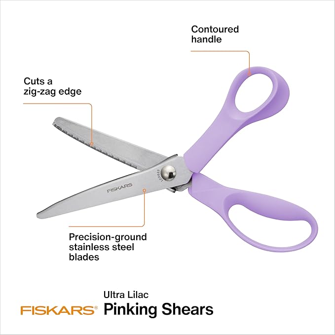 Fiskars Fashion Pinking Shears, Stainless Steel Blades for Zigzag Cutting, Ergonomic Handle for Comfort, Purple