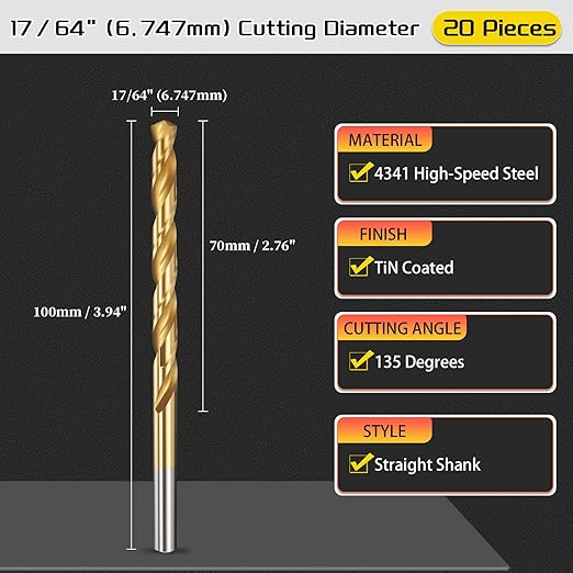 Drill Bit, 17/64" Cutting Diameter, 4341 HSS TiN Coated 135° Cutting Angle Jobber Bits - (Applications: for Drilling Soft Metal Plastic Wood), 20-Pieces
