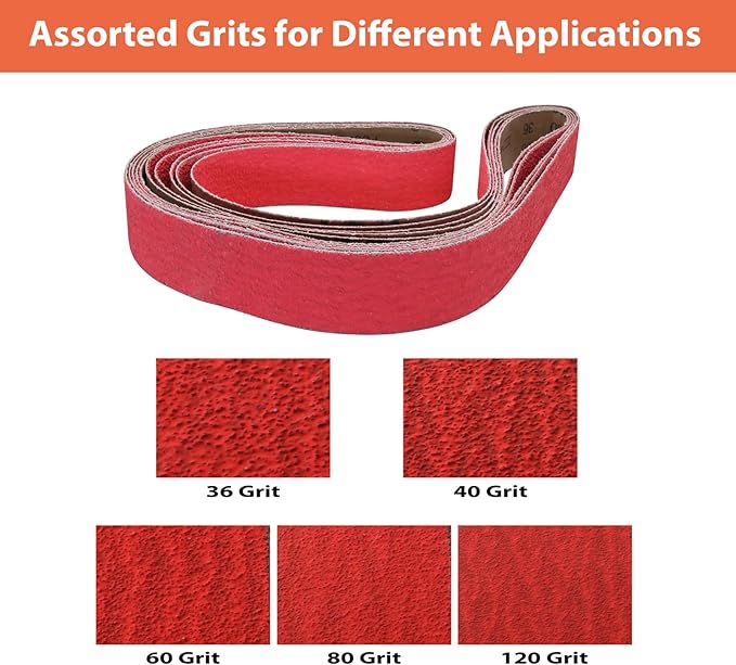 2 x 72 Ceramic Grinding Belts, 2x72 Inch Metal Sanding Belt, 36 40 60 80 120 Grits Knife Sharpening Sander Belts Assortment, 5 Pack