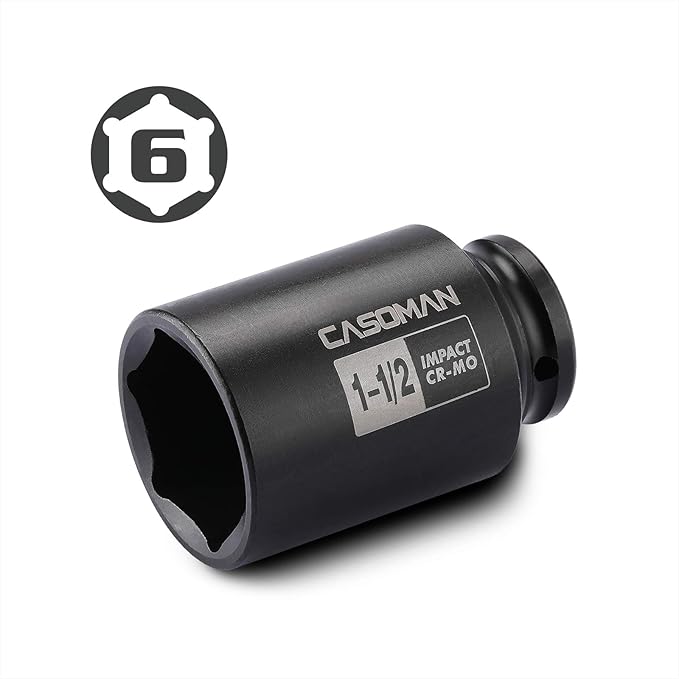 CASOMAN 6-Point 1/2-Inch Drive Deep Impact Socket- 1-1/2" (SAE), CR-MO, 1/2-inch Drive 6 Point Axle Nut Socket for Easy Removal of Axle Shaft Nuts (1-1/2")