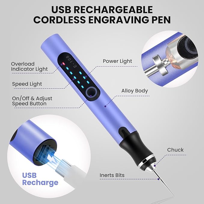 Electric Engraving Pen with 37 Bits, USB Rechargeable Cordless Etching Engraving Tool, Portable DIY Rotary Engraver for Jewelry Wood Glass Stone Carving (Purple)