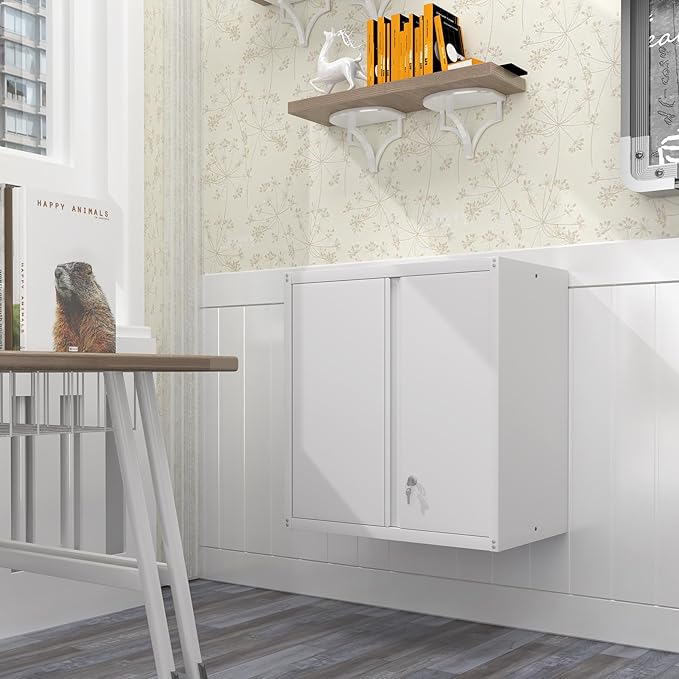 Metal Wall Cabinets, Kitchen Wall Hanging Cabinet, Locking Steel Storage Cabinets with Adjustable Shelves and Locking Doors, Wall Mount Tool Cabinet for Garage, Home, White