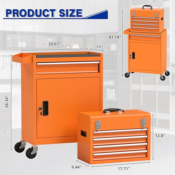 5 Drawer Tools Chest, Tool Cabinet with Universal Lockable Wheels，Tool Box with Detachable Top Box for Workshop(Orange)