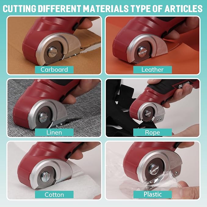 VLOXO Cordless Electric Scissors Cardboard Cutter 4V Electric Box Cutter Rechargeable Power Scissors with Safety Lock Multi-Cutting Tools for Leather Carpet Canvas (Red)