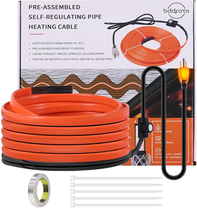 6FT Heat Tape for Water Pipes Freeze Protection IP65 Waterproof 7W/FT 110V BDDFOTO Water Pipe Heat Cable With Thermostat Self-Regulating Pipe Heater for House Garden/RV Camper