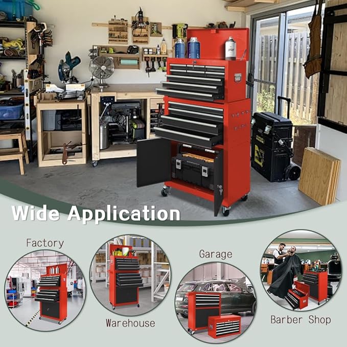 Tool Chest 13-Drawer with Double Door Handle,2 in 1 Detachable Rolling Tool Chests with Wheels and Drawers,Large Tool Box with Lock (Red＆Black)