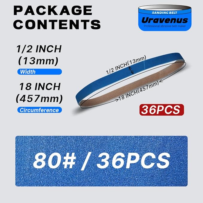 1/2 x 18 Inch Sanding Belts, 36 Pcs 80 Grit, Zirconia Sanding Belts for Medium-Fine Metal Polishing, Woodworking, Surface Refining