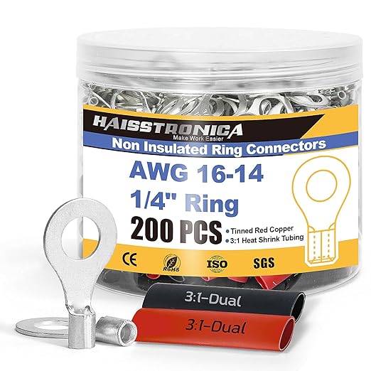 haisstronica Non Insulated Wire Connectors Kit，100pcs 1/4” Ring Terminals (AWG 16-14) with 100pcs 3:1 Heat Shrink Tubing for Automotive Marine，Brazed Seam Wire Crimp terminals