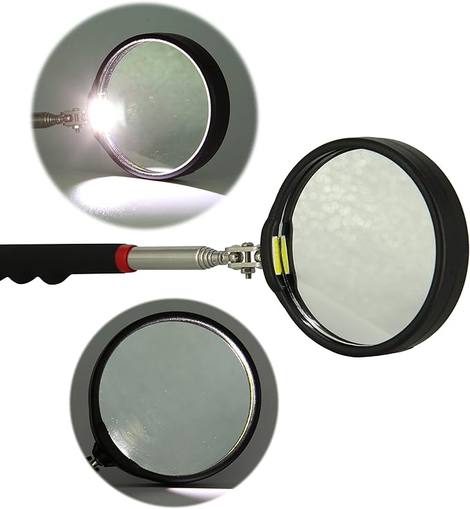 Telescoping Inspection mirror with Lighted,extendable Round Mirror on a stick for Checking Vehicle, Observing and Small Parts Extended Mechanic Tool for Automotive and Shower Use mirror