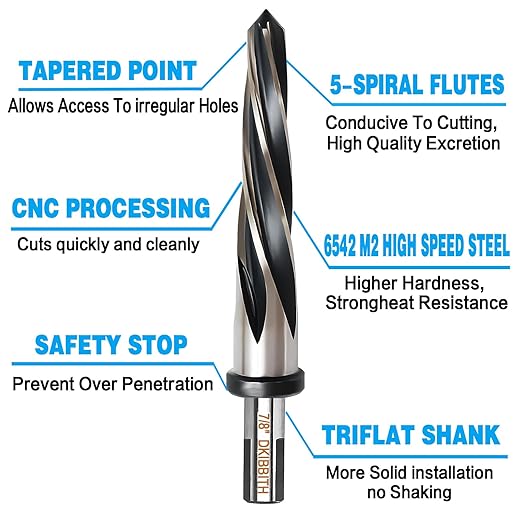 7/8” Bridge Construction Reamer Drill Bit, M2 HSS Taper Chucking Reamer for Steel Alloy Metal Wood Plastic, 1/2" Non-Slip Shank, 5-Spiral Flutes Car Reamer, to Align or Enlarge Holes, 22mm