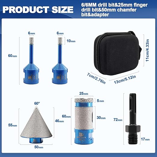 Tile Hole Saw Kit - BRSCHNITT Diamond Core Drill Bit Set 1/4",Drill Bit &1" Diamond Finger Milling Bit &2" Chamfer Bit for Porcelain Tile Ceramic Marble Granite & Adapter