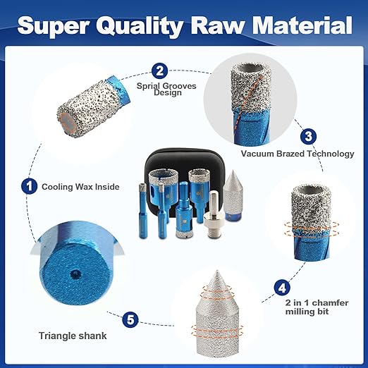 Tile Hole Saw Kit - BRSCHNITT Diamond Core Drill Bit Set 6/8/20/25/35mm Drill Bit &1 3/8" Diamond Chamfer Bit for Porcelain Tile Ceramic Marble Granite & Adapter