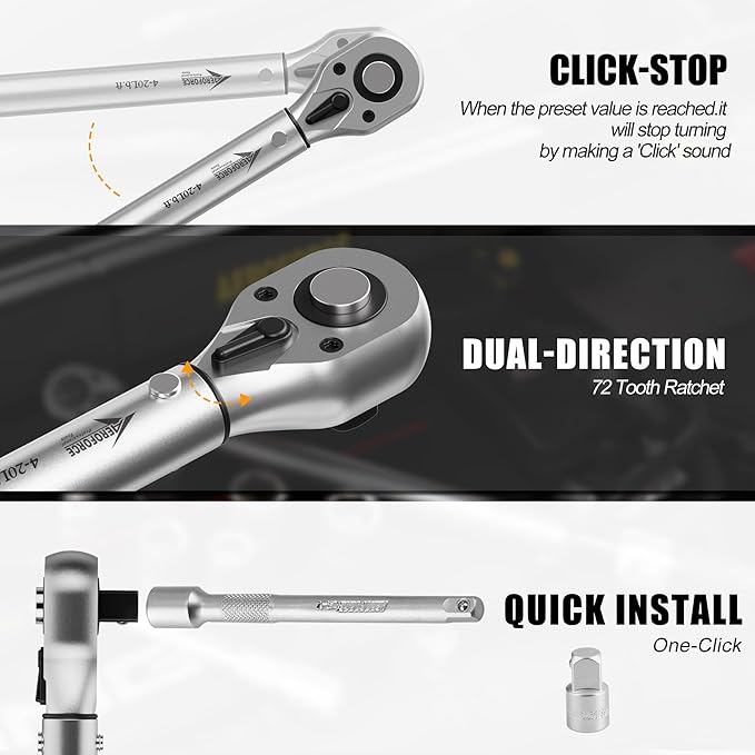 AEROFORCE 1/4-inch Drive Click Torque Wrench set（4-20Lb.ft/5.4-27.2Nm) with 4 inch Extension Bar and a 1/4" to 3/8" Adapter,Small Torque Wrench for Bike, Motorcycle and Car Repair