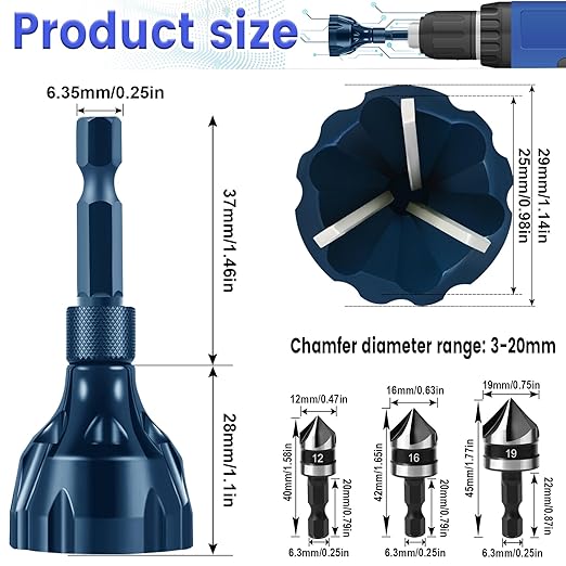 Hakkin 5Pcs Burr Removal Tool, Deburring External Chamfer Tool with Tungsten Carbide Blade, Hex Shank Deburring Tool for Metal, Bolt Thread Repair with Quick Release Shank Fits 1/8”-3/4”(3mm-20mm)