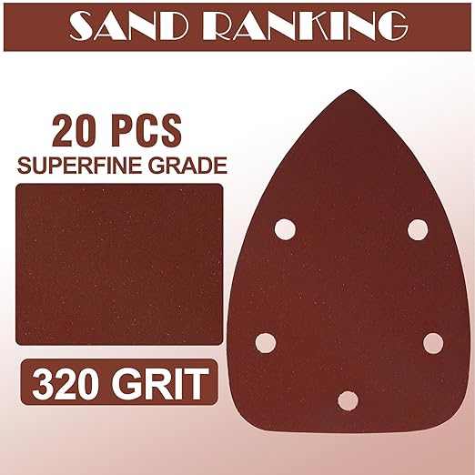 320 Grit Mouse Sander Sandpaper, Jamiikury 5 Hole Detail Sander Sandpaper Palm Sander Paper Mouse Sanding Pads Hook and Loop Sanding Sheets - Pack of 20