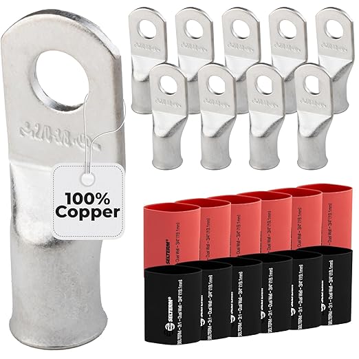 SELTERM 10pcs - 2/0 Awg - 3/8" Stud - Battery Lugs - Ring Terminal Connectors with 12pcs 3:1 Black & Red Heat Shrink Tubing with Adhesive | Heavy Duty Battery Cable Ends - Tinned Copper Wire Lugs Kit