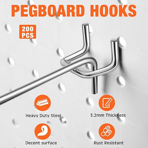 Tatuo 200 Pcs Pegboard Hooks Galvanized Metal Pegs with Rubber Tip Fit 1/4" 1/8" for Garage Store Wall Tool Organization Display(6 Inch)