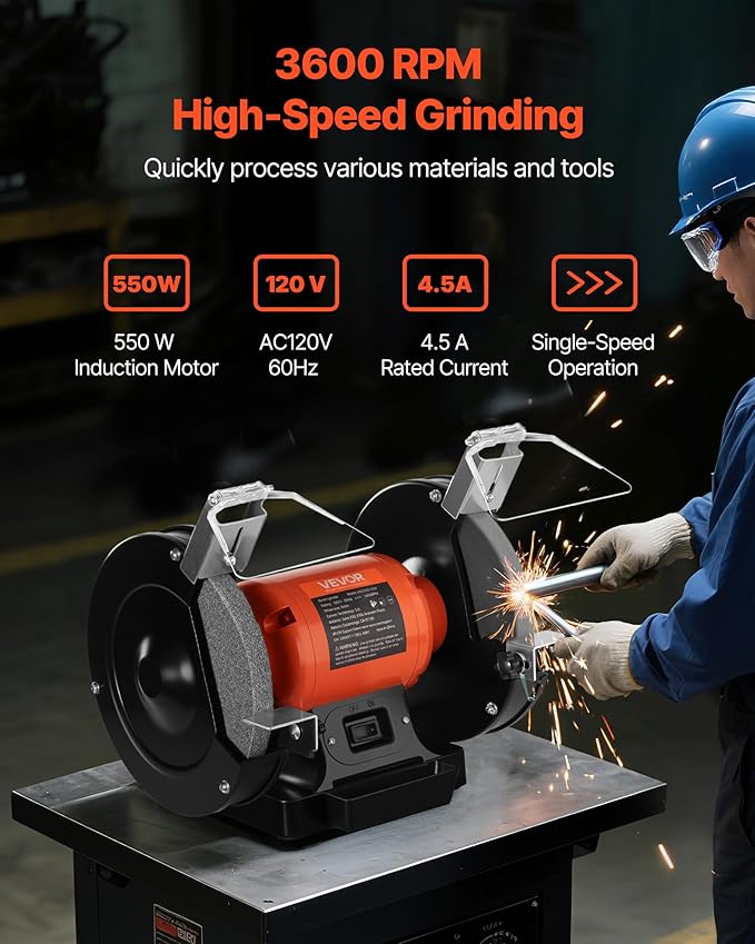 VEVOR Bench Grinder, 8-inch Single Speed Bench Grinder, 3450RPM High-Speed Table Grinders with 550W 4.5A Induction Motor, 36/60-Grit Grinding Wheel & Adjustable Eye Shield for Fast Sharpening Grinding