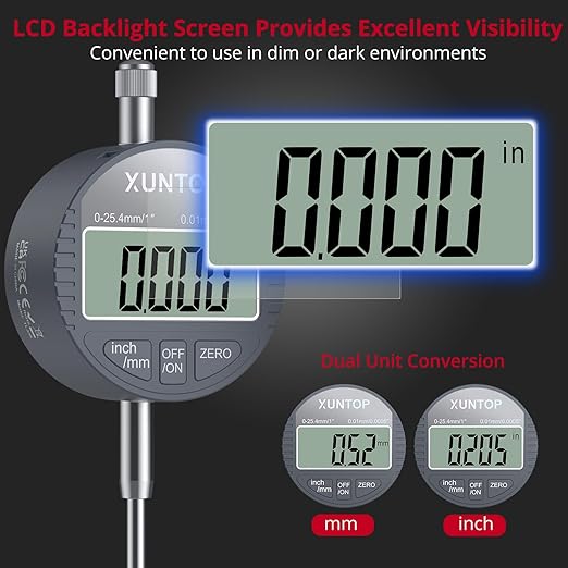 Digital Dial Indicator 1inch/0.0005inch with 132lbs/60kg Magnetic Base,Inch/Metric Conversion LCD Display Electronic Indicator, Dial Test Gauge for Lathe,3D Printer,CNC,Indusrial