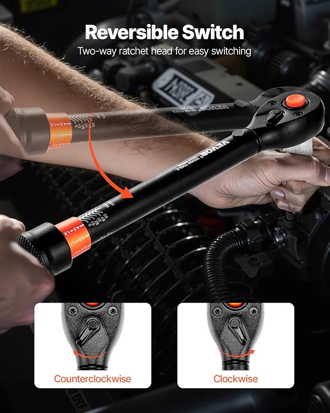 VEVOR 26Pcs Torque Wrench Set, 3/8 Inch Drive, 3.7-44.3FT.LB(5-60Nm), 72-Tooth Click Torque Wrench with Hex/Torx/Spark Plug Sockets, Extension Bars, 1/4 Adapter, for Bicycle Motorcycle Maintenance