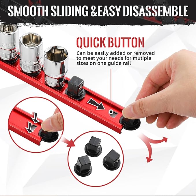 Magnetic Socket Organizer, 3-Piece Heavty Duty Aluminum Socket Holder, Socket Rail for Tool Box, Premium Quality 360° Swivel Socket Rack with 36 Clips for 1/2-Inch(Red)