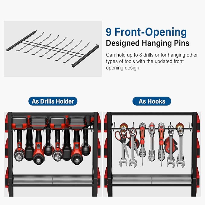 JUNNUJ Garage Large Power Tool Organizer Cart with 8 Outlet 3 USB Charging Station, Floor Rolling Drill and Tools Battery Storage Cart on Wheels, Heavy Duty Utility Rack Shelf with Power Strip