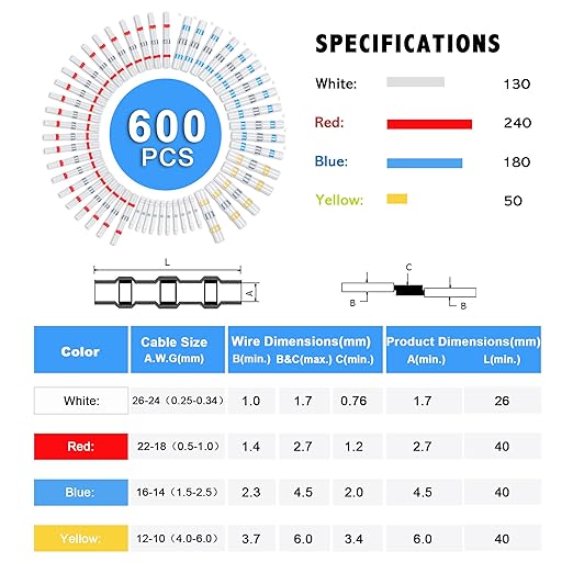Kuject 600PCS Solder Seal Wire Connector Kit, Solder Seal Butt Terminal Waterproof Insulated Electrical Wire Splice for Automotive Marine Boat
