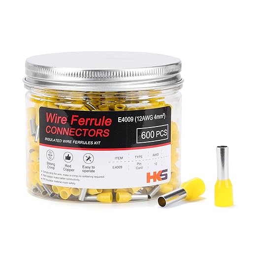 HKS 600PCS Wire Ferrule Connectors - AWG 12-4.0mm² Copper Barrel Pin Cord Ends Insulated Ferrules Terminals - E4009 Yellow