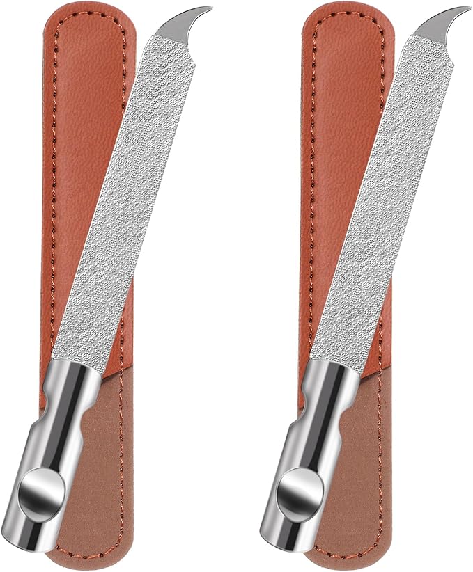 Metal Nail Files for Natural Nails, Mabor 2Pcs Stainless Steel Fingernail File with Pointed Tip Professional Double Sided Curved Filer for Nails Travel with PU Leather Case