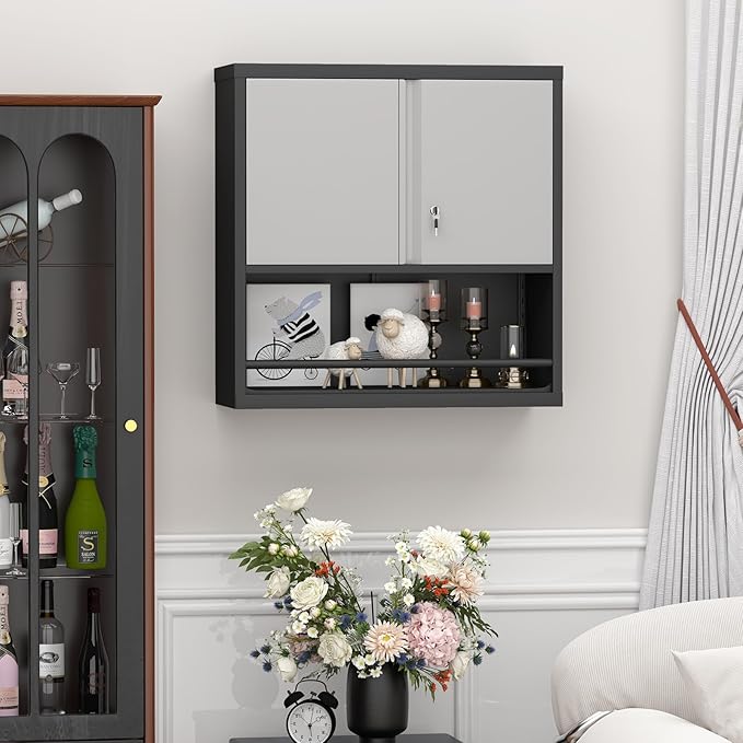 Metal Cabinet Wall Mounted, Garage Wall Storage Cabinets with 2 Door & Adjustable Shelves, Metal Wall Storage Cabinet for Bathroom, Office, Warehouse