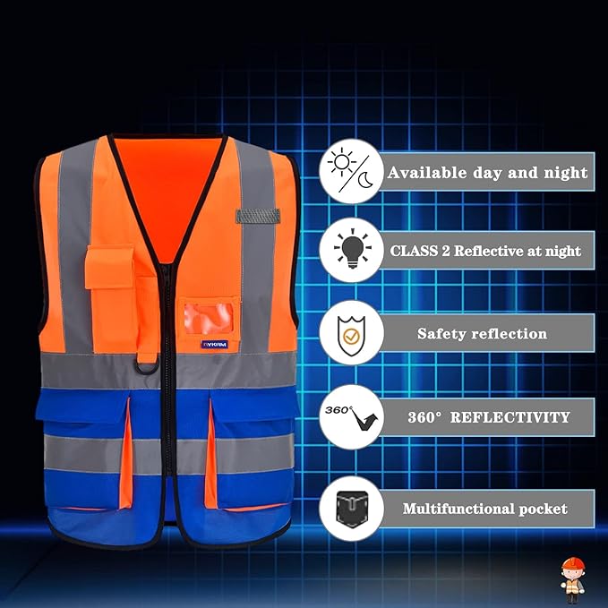 A-SAFETY Industrial Safety Vest, Hi Vis 9 Pockets High Visibility Zipper Front Reflective Safety Vest, Orange&Blue Color Mixed, XL
