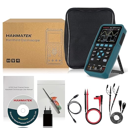 HANMATEK Handheld Digital Oscilloscope 100Mhz Bandwidth with 2 Channels HO102 3.5"TFT Mini Oscilloscope, 2 in 1 Oscilloscope and Multimeter, Backlit Screen, Auto-Calibration Function, Memory Function