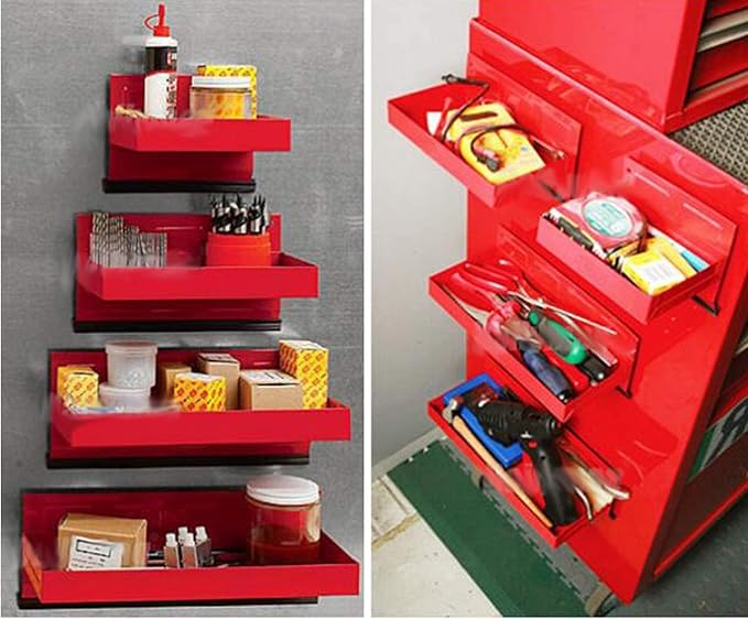 Magnetic Shelf 4-Pcs Set - Red Tool Trays - Metal Tool Box With Strong Magnets - Storage for Toolbox - Tool Box Accessories for Van Workshop