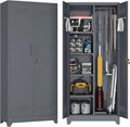 72.8" H Metal Storage Cabinet with Lockable Doors, Functional Garage Storage Cabinets, Cleaning Supply Tool Cabinets with Removable Pegboard Hanging Rod & S-Hooks, Grey