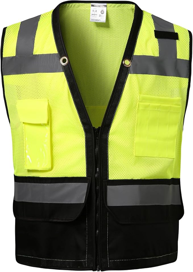 Reflective Safety vest With back plan pocket,High visibility Class 2 Heavy Duty Surveyor Vest with Zipper,Hi Vis Construction Work Vest for Men＆Women ANSI/ISEA(Yellow-Bottom,4XL)