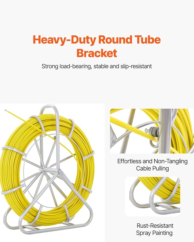 VEVOR Fiberglass Fish Tape 656 FT x 1/4 inch, Fish Tape Duct Rodder Puller with Durable Steel Stand, Non-Conductive Fishtape Wire Cable Running Rod for Walls, Floor and Electrical Conduit
