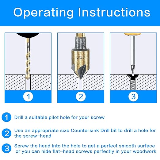 Countersink Drill Bit Set, 5 Pieces High Speed Steel 82 Degree 5 Flute 6mm Round Shank Mill Cutter Bit Countersink in Sizes 3/4" Set with Carrying Case.