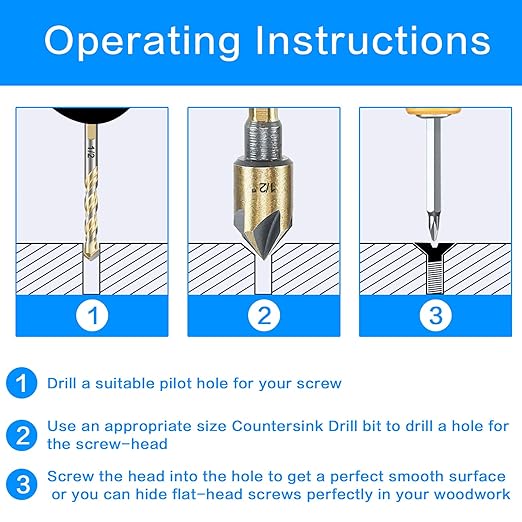 Countersink Drill Bit Set, 5pc, 1/4" Hex Shank, 82 Degree Countersink Holes for Screws to Sit Flush or Under The Surface of Metal Wood Plastic, Sizes 1/4, 3/8, 1/2, 5/8, 3/4 Inches with Storage Case